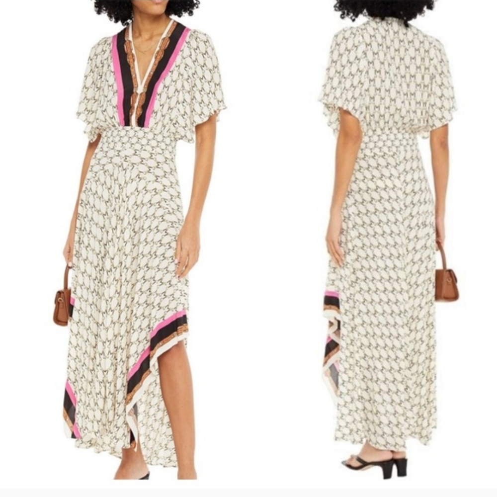 Maje White Shirred Printed Crepe De Chine Maxi Dress Sz 38 Or M
